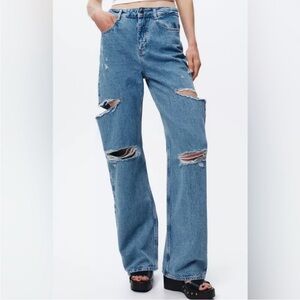 Zara Blue Distressed Straight Leg Jeans